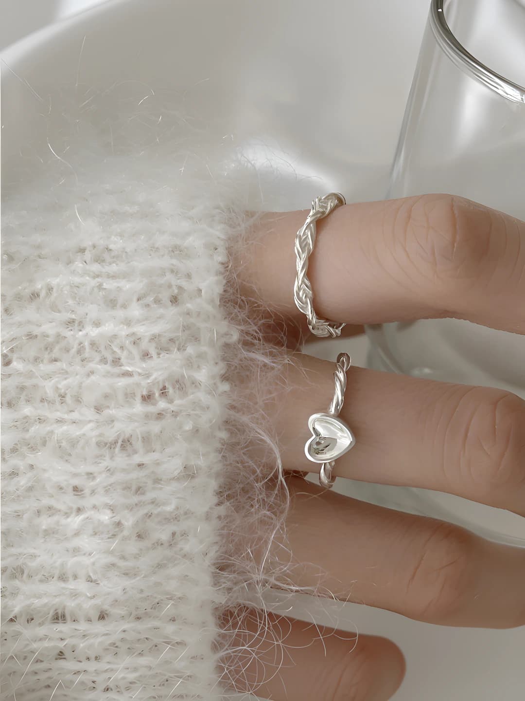 Women's open ring with cable knit and heart shape, copper, individual style