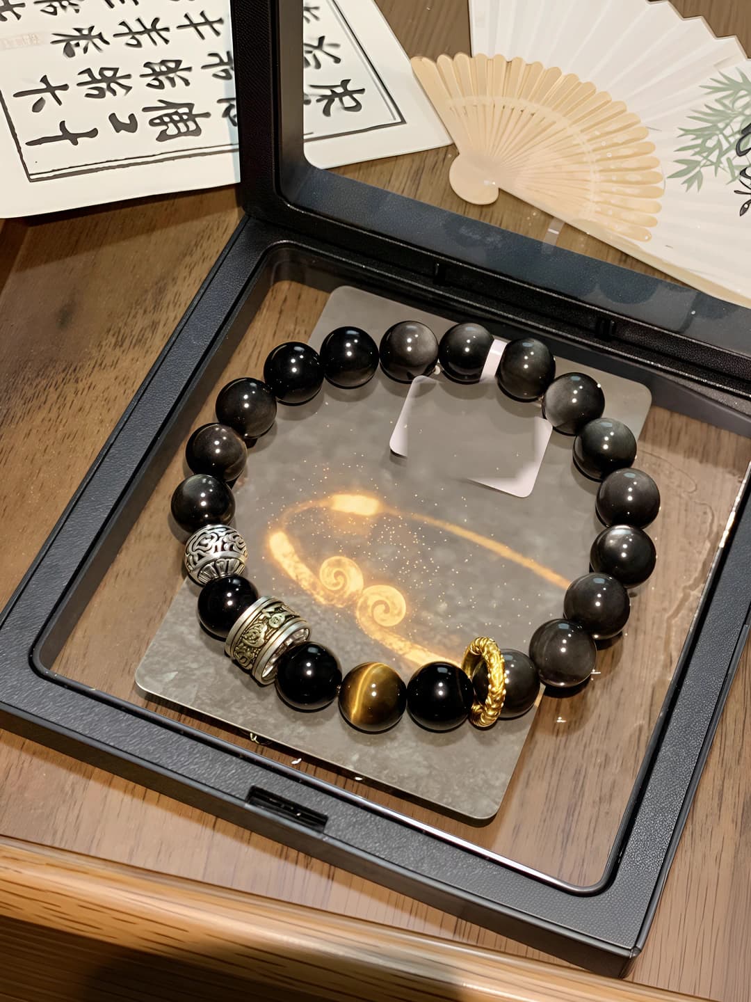 Erkaklar va ayollar uchun tabiiy obsidian va oltin obsidian chigal, 6 so'zli mantra, qora obsidian, 18 dona, 10-12mm