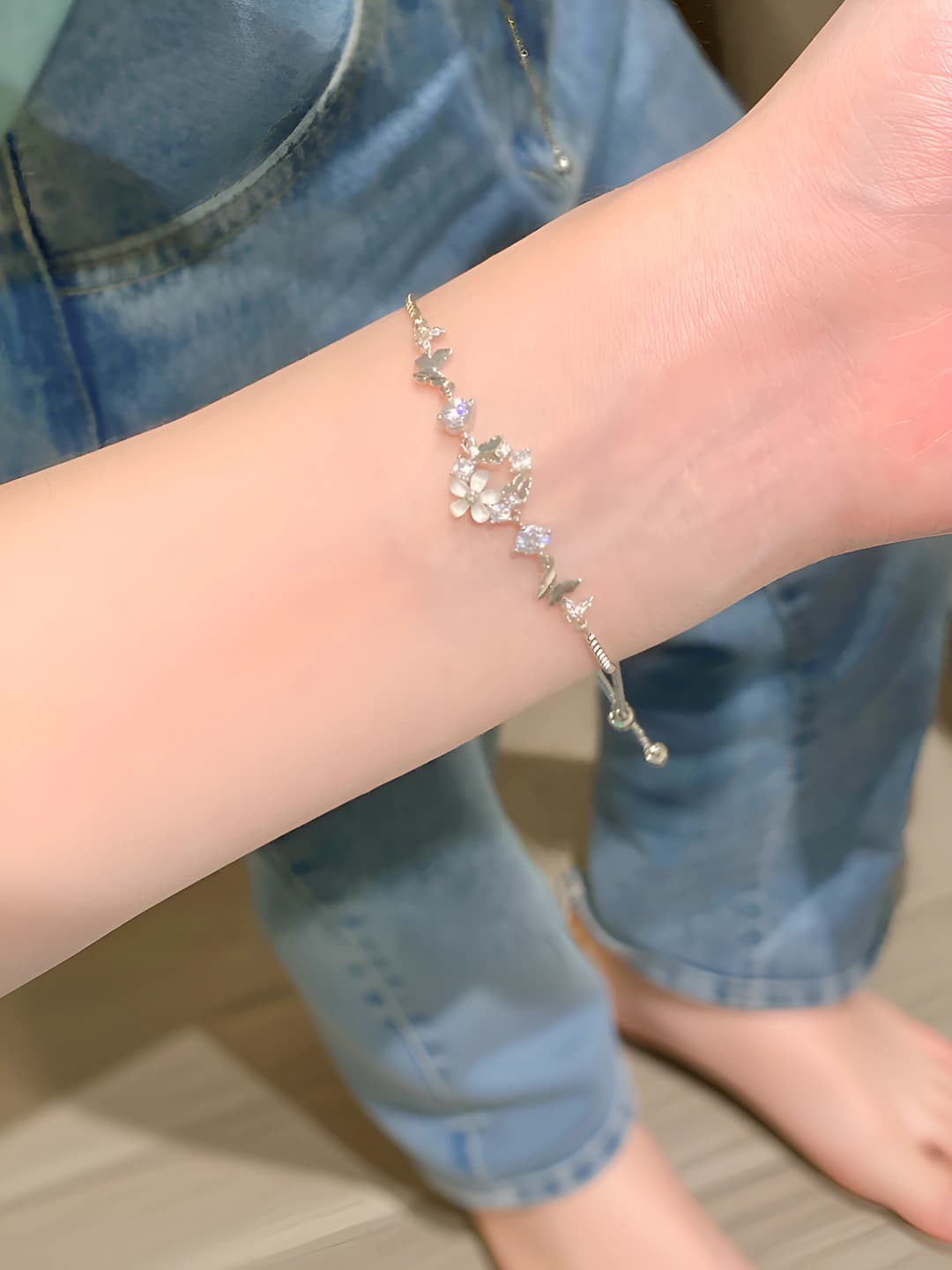 Women's floral drawstring bracelet, brass material, electroplated, ins style
