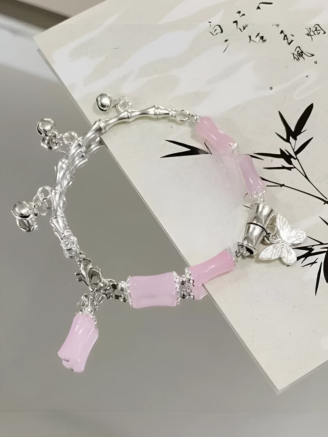 Pink ink bamboo butterfly bracelet [1 pc]