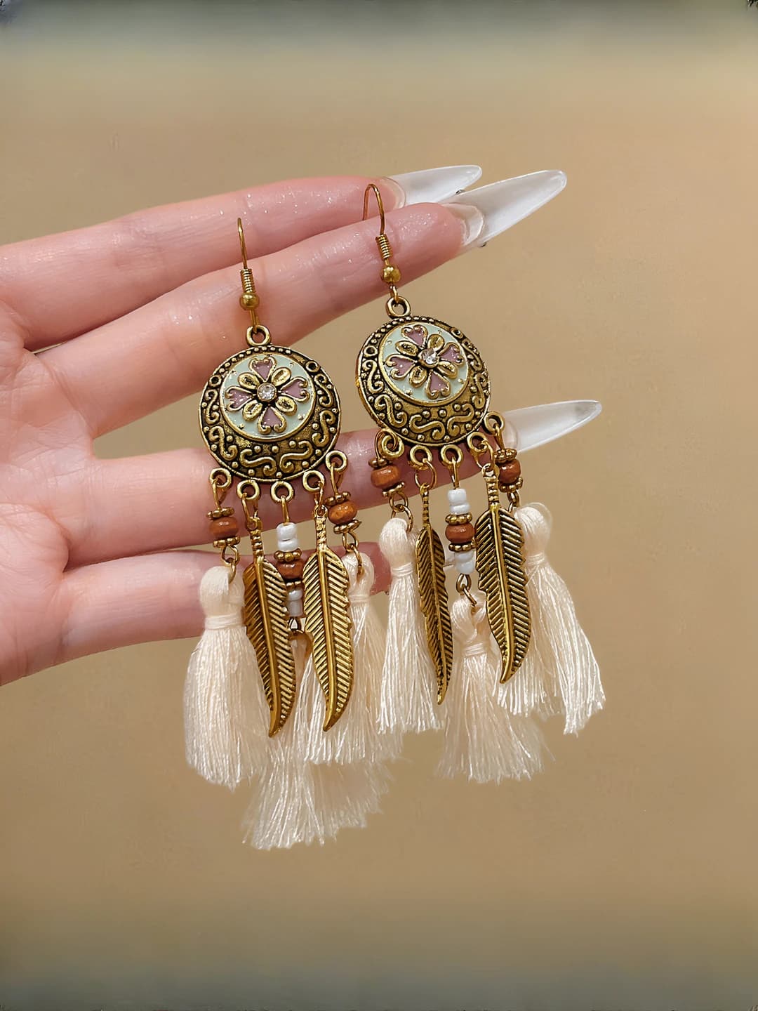 Ethnic style gold feather tassel hoop earrings