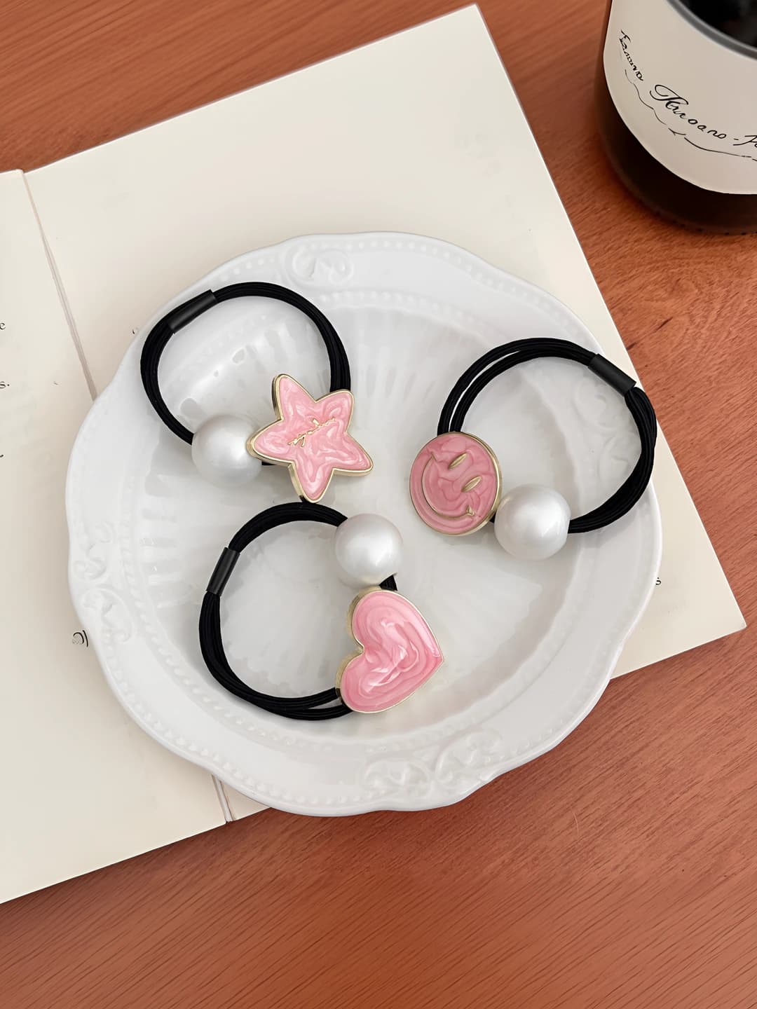 Women's hair ties: pink, heart and star, stretch, alloy
