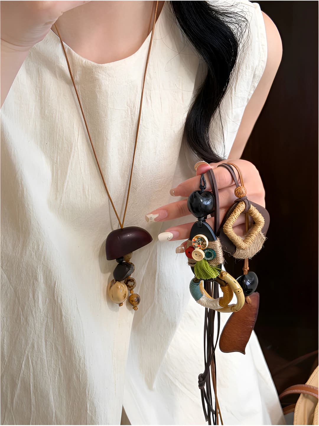Women's retro style beaded necklace with geometric design, handmade, 41-50 cm