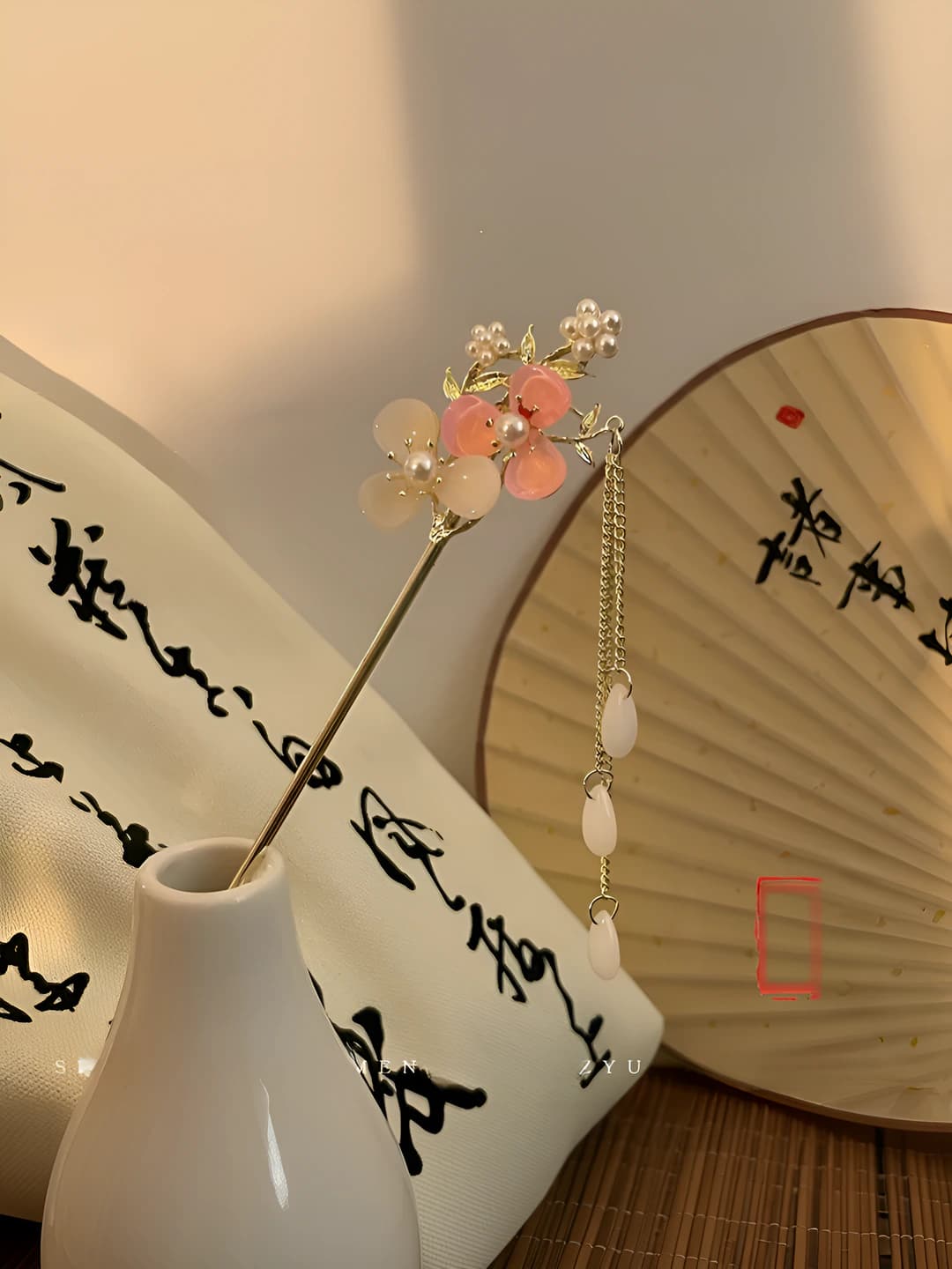 69# White-pink double flower pearl tassel hairpin - gold (bagged)