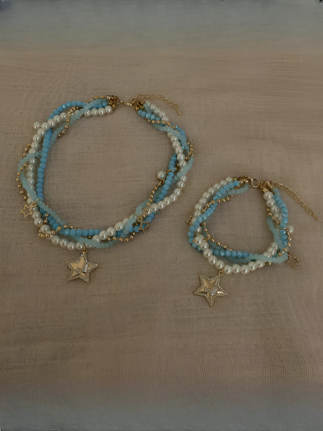Women's jewelry set: pearl collar necklace and beaded bracelet, light luxury style, round pearl design