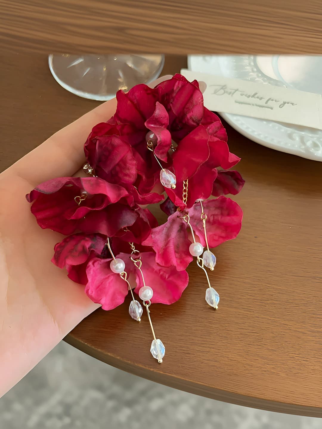 Rose red flower tassel earrings-9.5CM