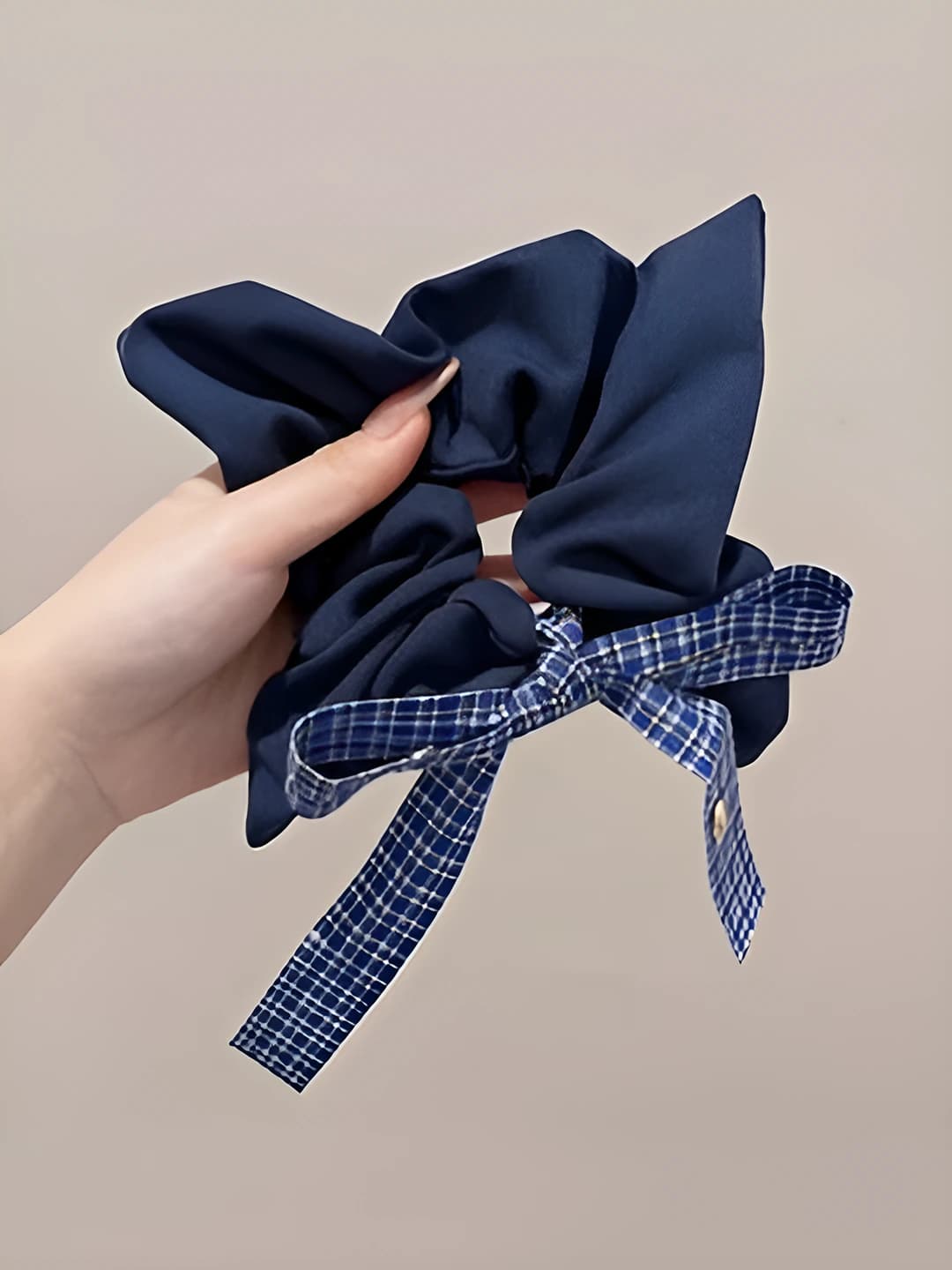 3# Denim hair tie plaid ribbon 22 cm