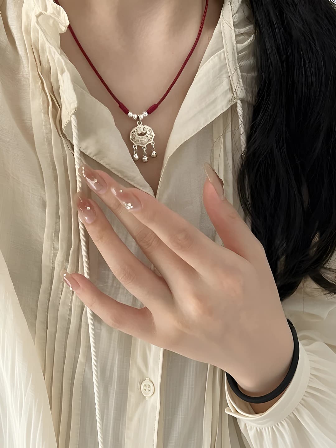 Women's Korean style hand-braided red cord necklace with Fu character and safety lock pendant