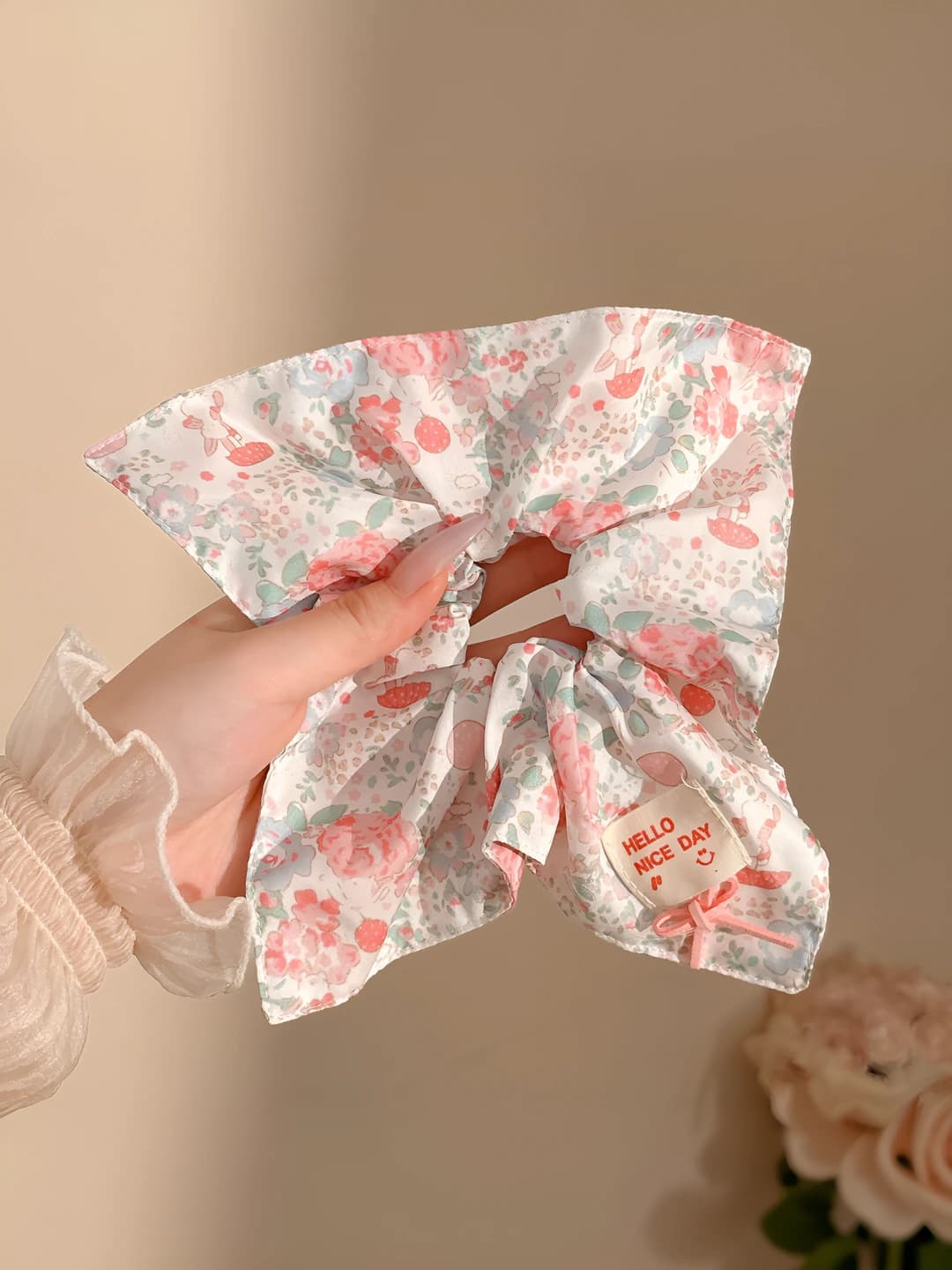 3# Pink floral square scarf ring ~21*22 cm