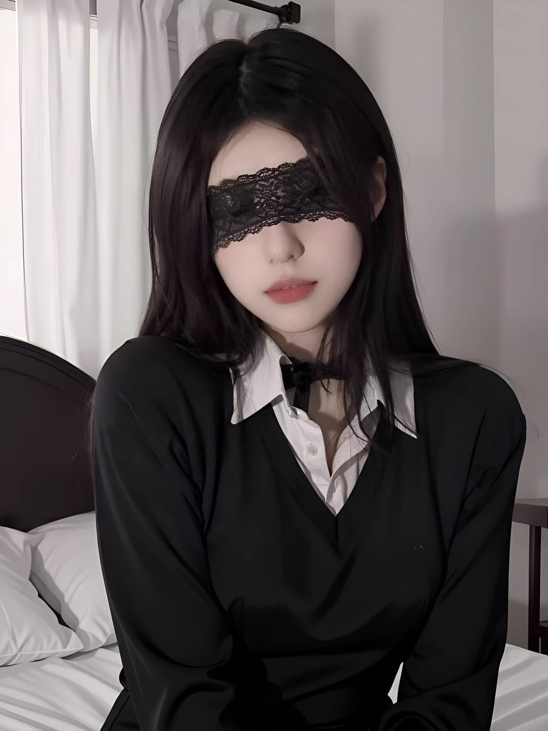 Women's lace eye-mask headband with bell and veil details, dark style
