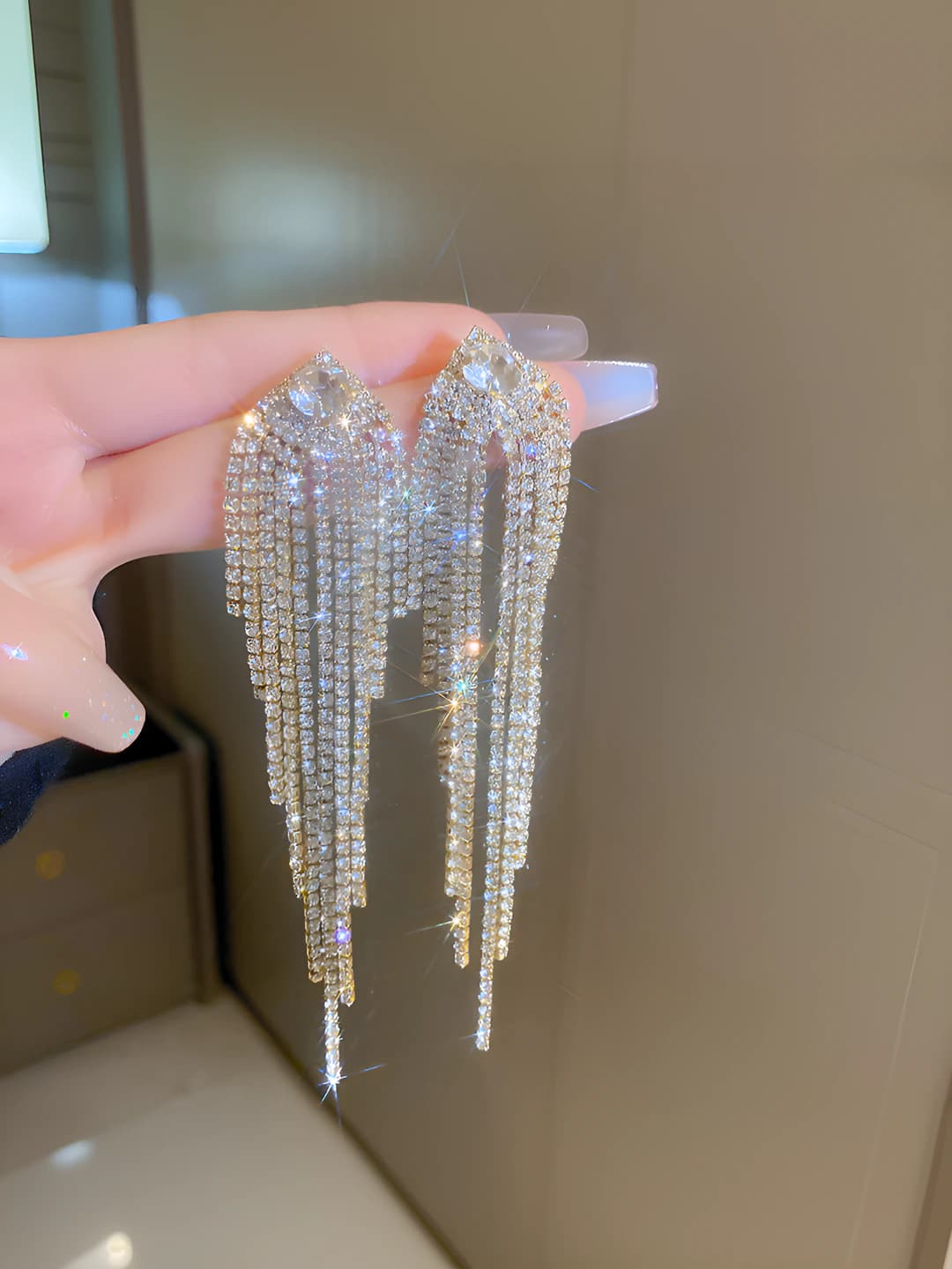 Women's long earrings with zircon, tassels, and silver pin, geometric shape, in light luxury style