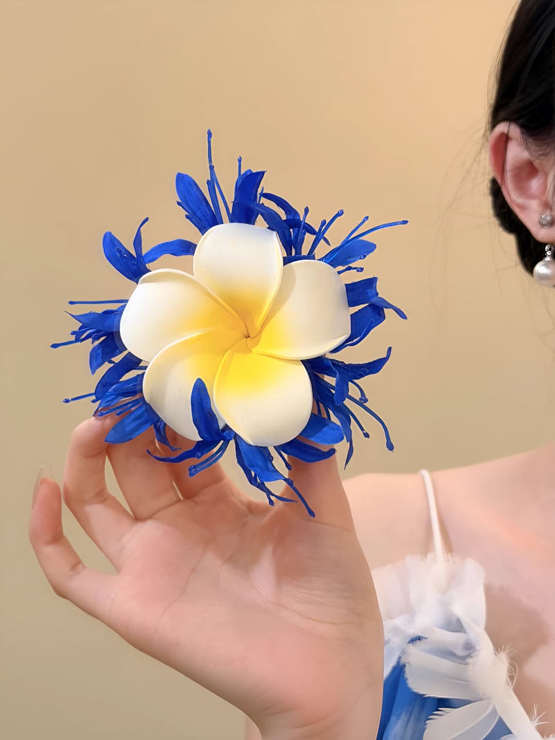 Blue plumeria hair clip
