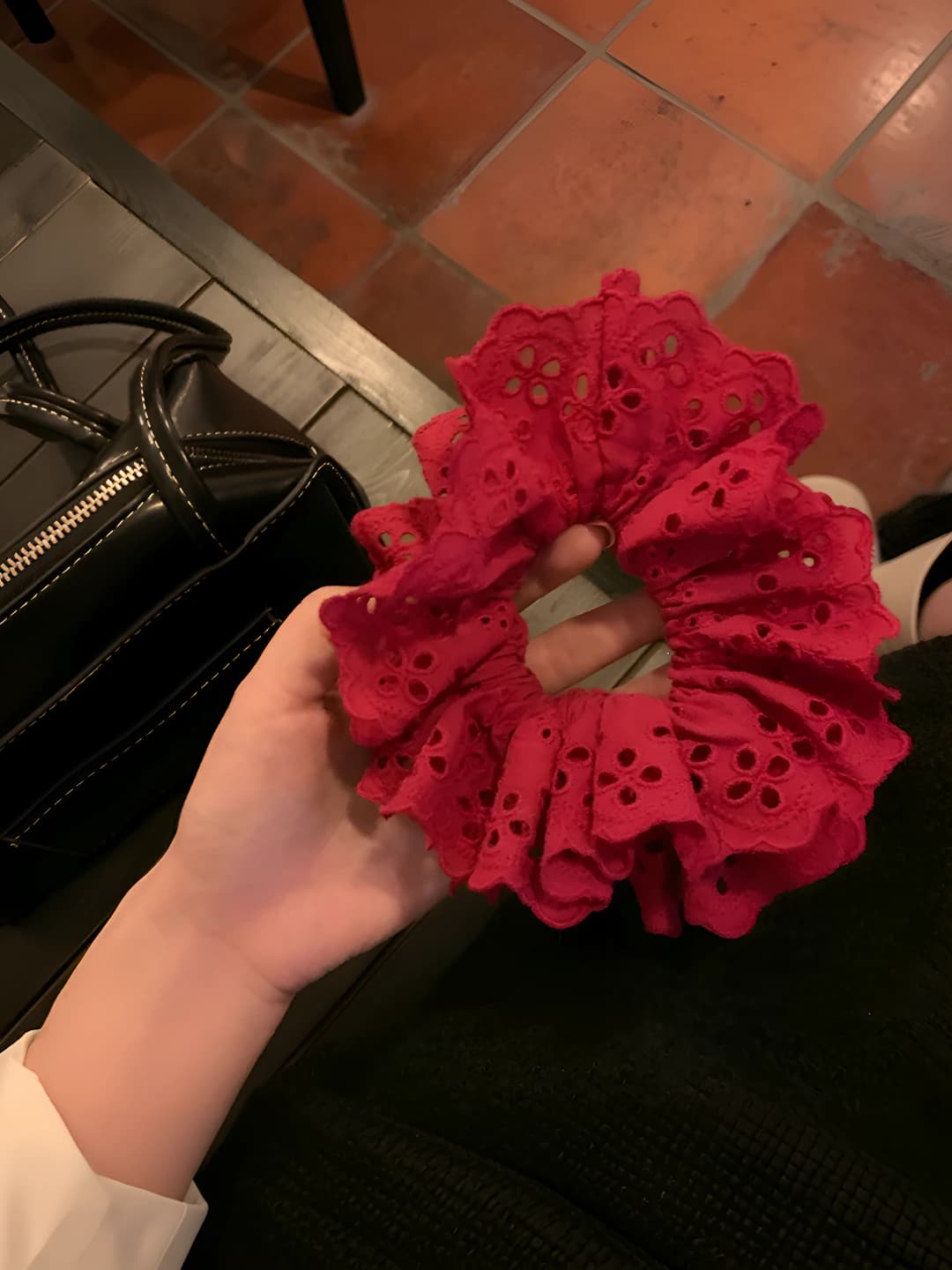 Red, double layer, lace cutout