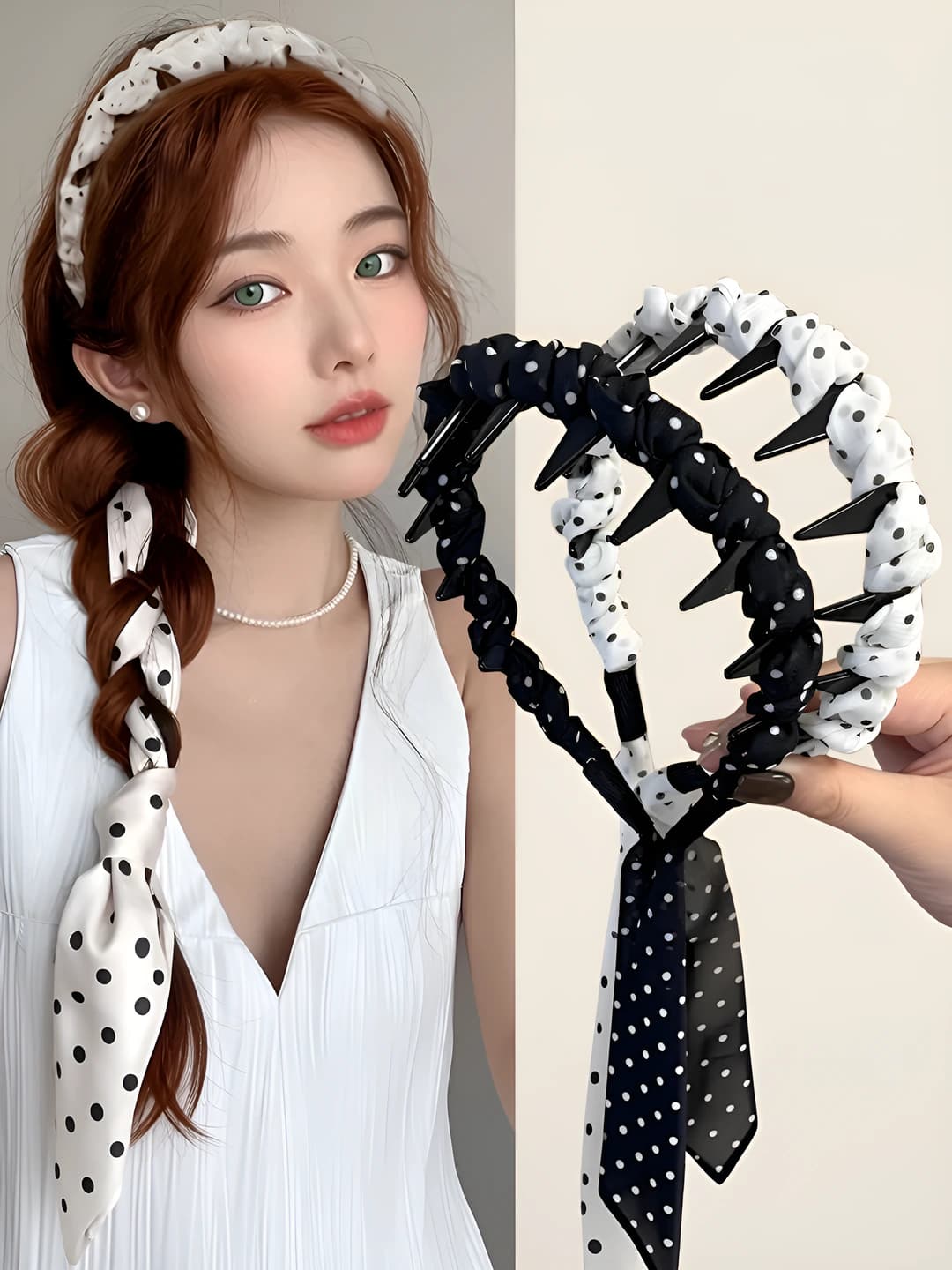 Women's polka-dot ribbon headband with hair-tying teeth, Korean style, geometric design element