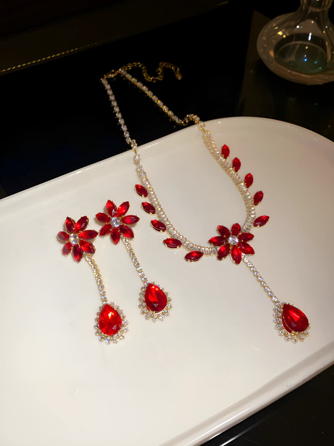 31# Earrings & Necklace - Gold - Red (2-piece set)