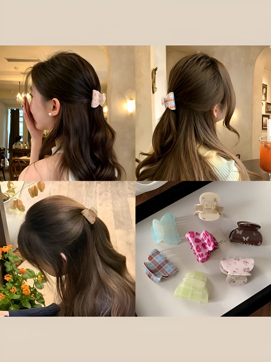 Women's hair clips and combs: small size, floral pattern, geometric design element, handmade, mixed material