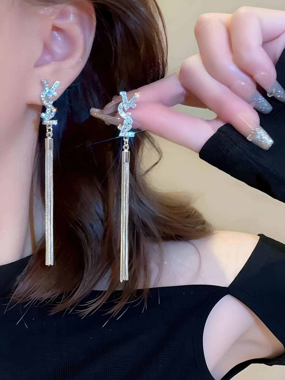 Women's long tassel earrings with letter design, rhinestone embellishment, country style, made of alloy
