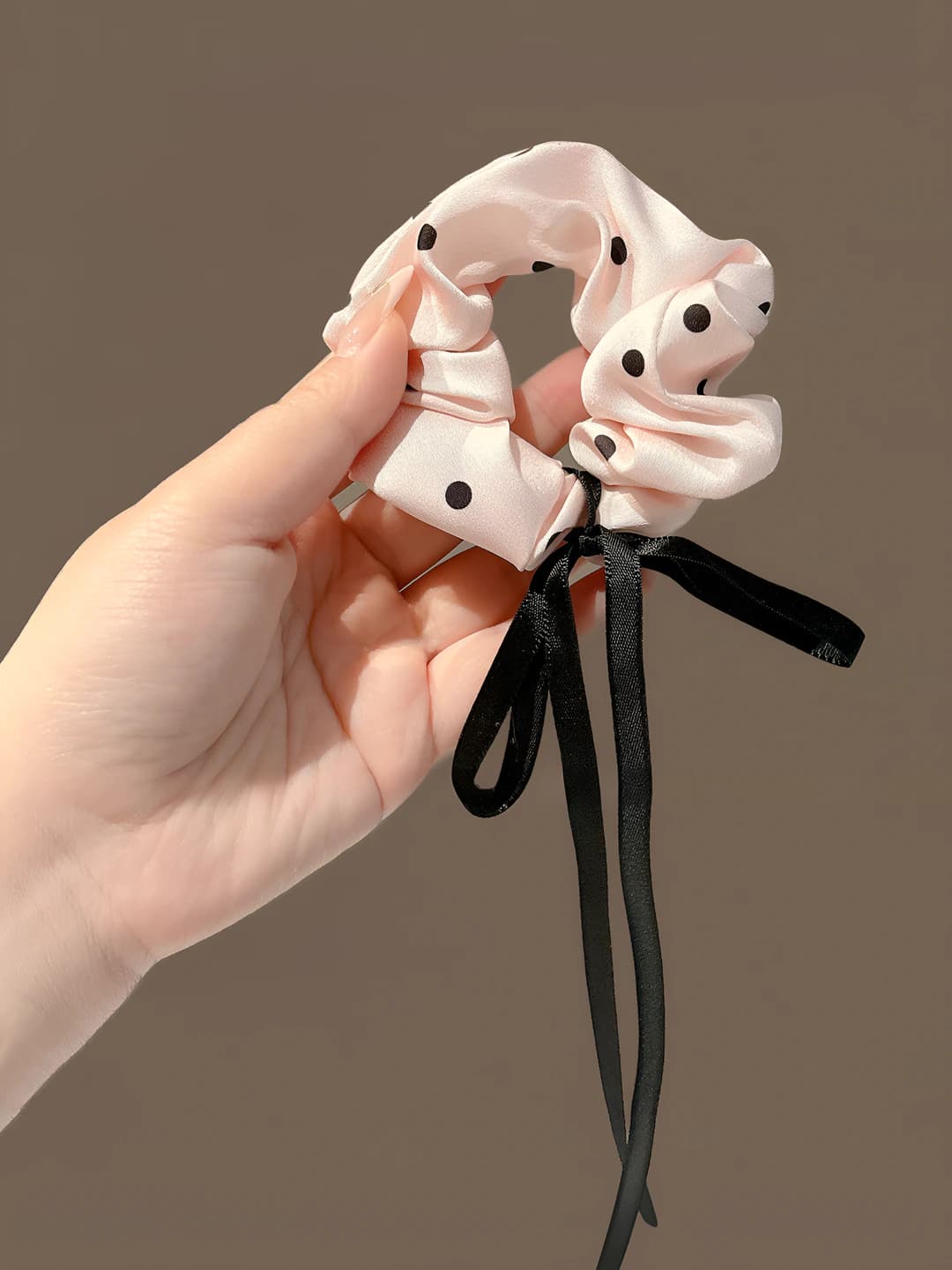 2# Polka dot pink bow ribbon hair tie - ~10 cm
