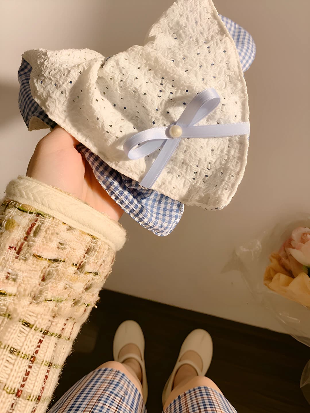 1# Blue plaid lace double-sided-square 24 cm