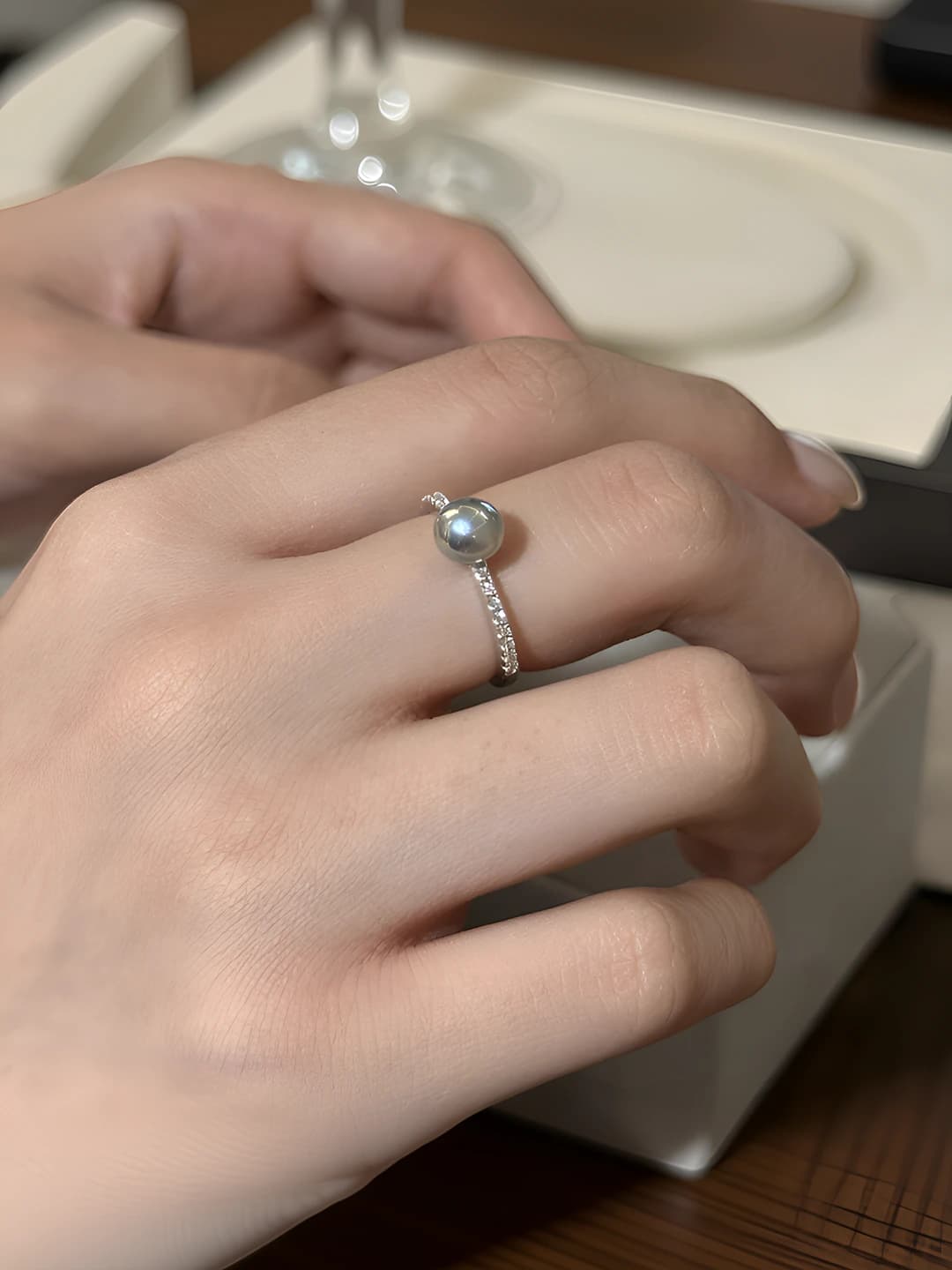 6mm - Серое кольцо с жемчугом