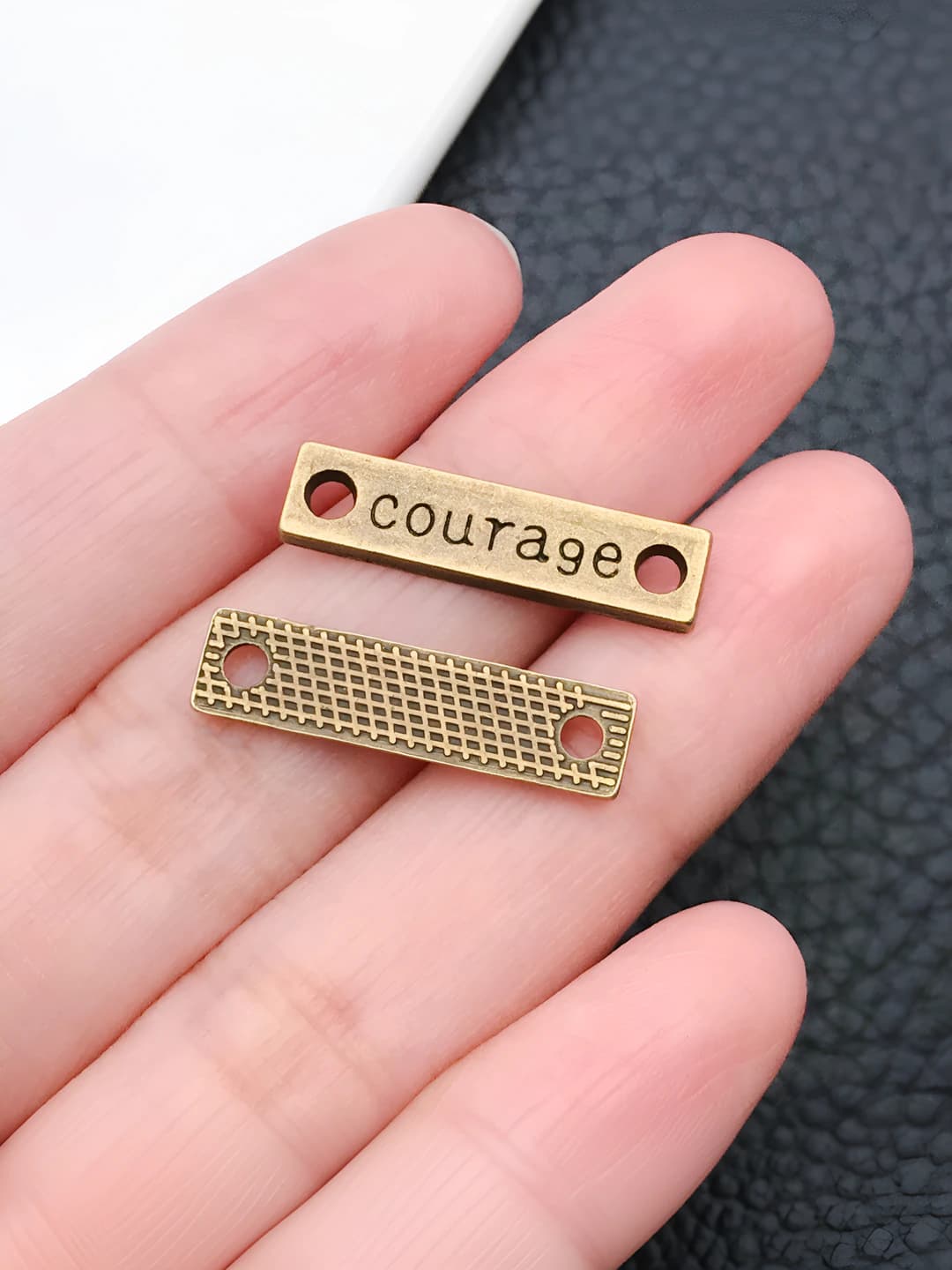 1 pc antique teal rectangle 'courage' 6x24mm-1.2g