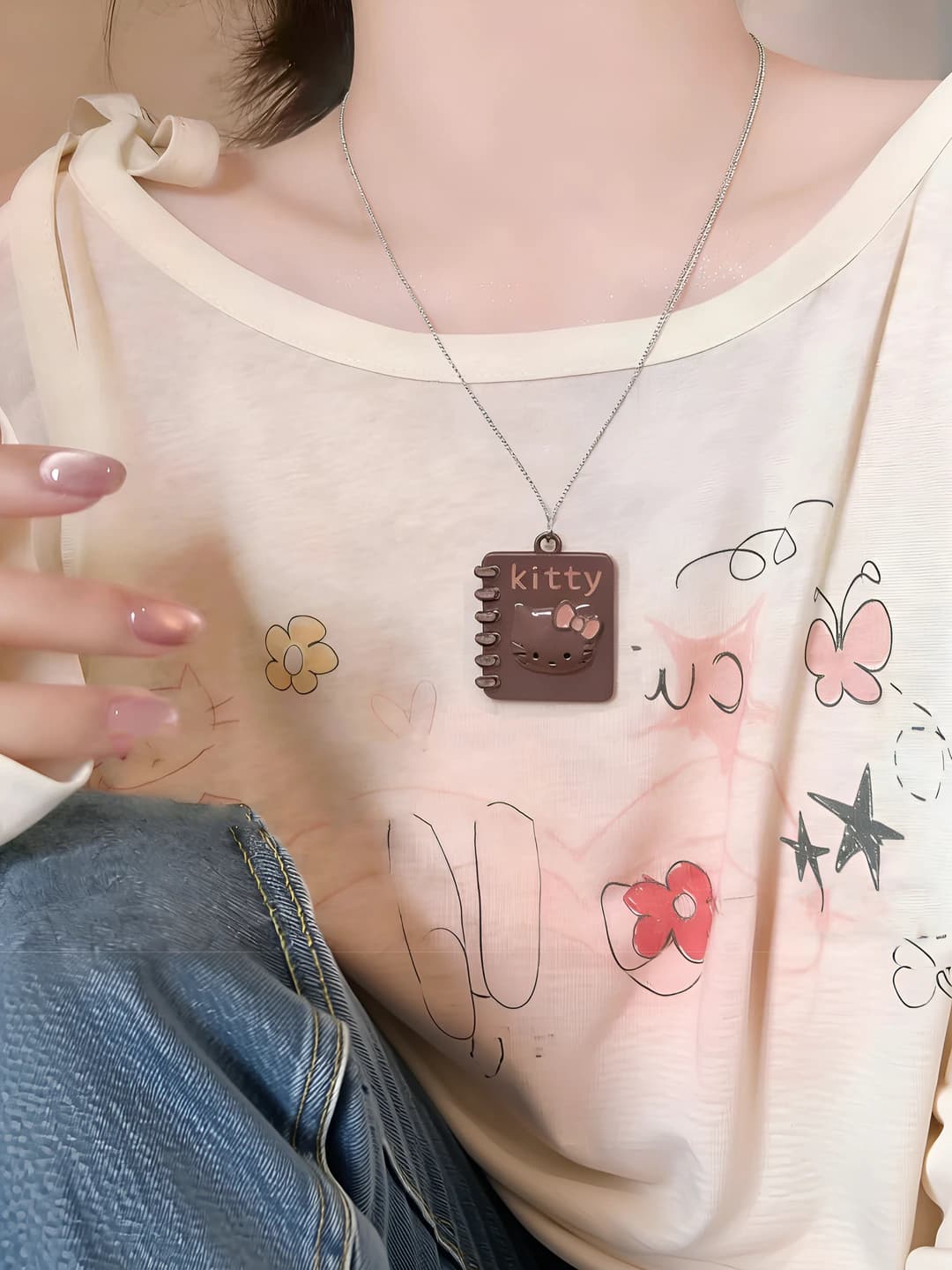 Women's pendant necklace with cartoon KT cat, titanium steel, 71-80 cm, sweet and simple style