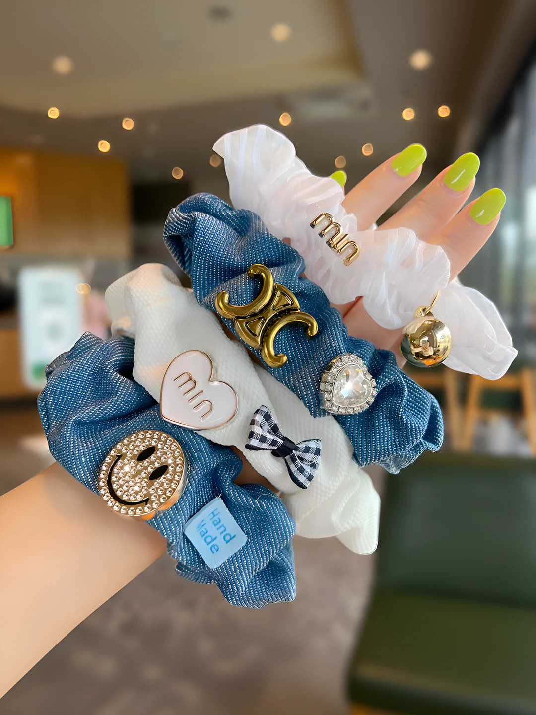 Women's autumn-winter denim hair ties in Korean style, handmade, loose fit, with smile and heart crystal details