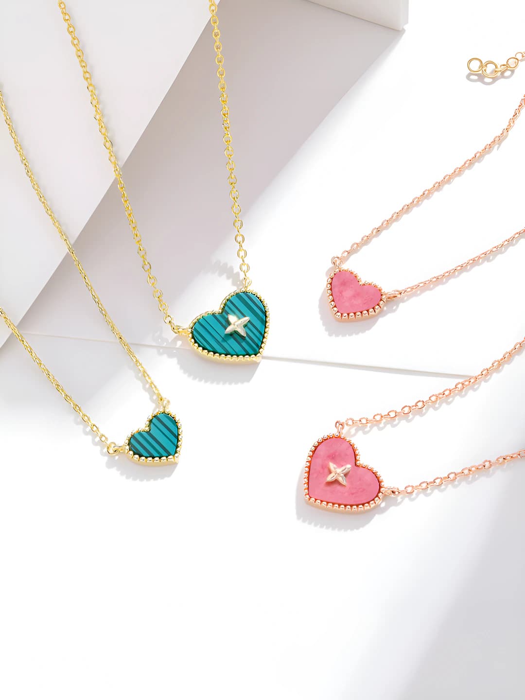 Women's heart pendant necklace, original design, pink color, O-link chain, 41-50 cm