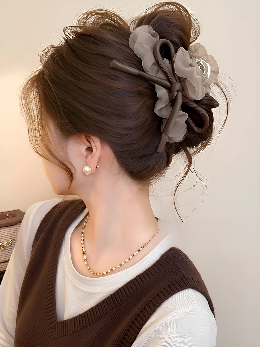 1# Coffee lace claw clip, 13 cm