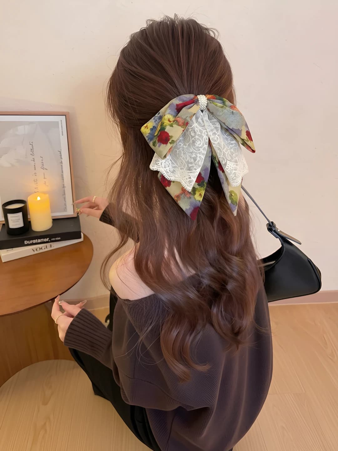 Women's retro hair clip with bow, Monet garden style, made of fabric and PS, Korean style