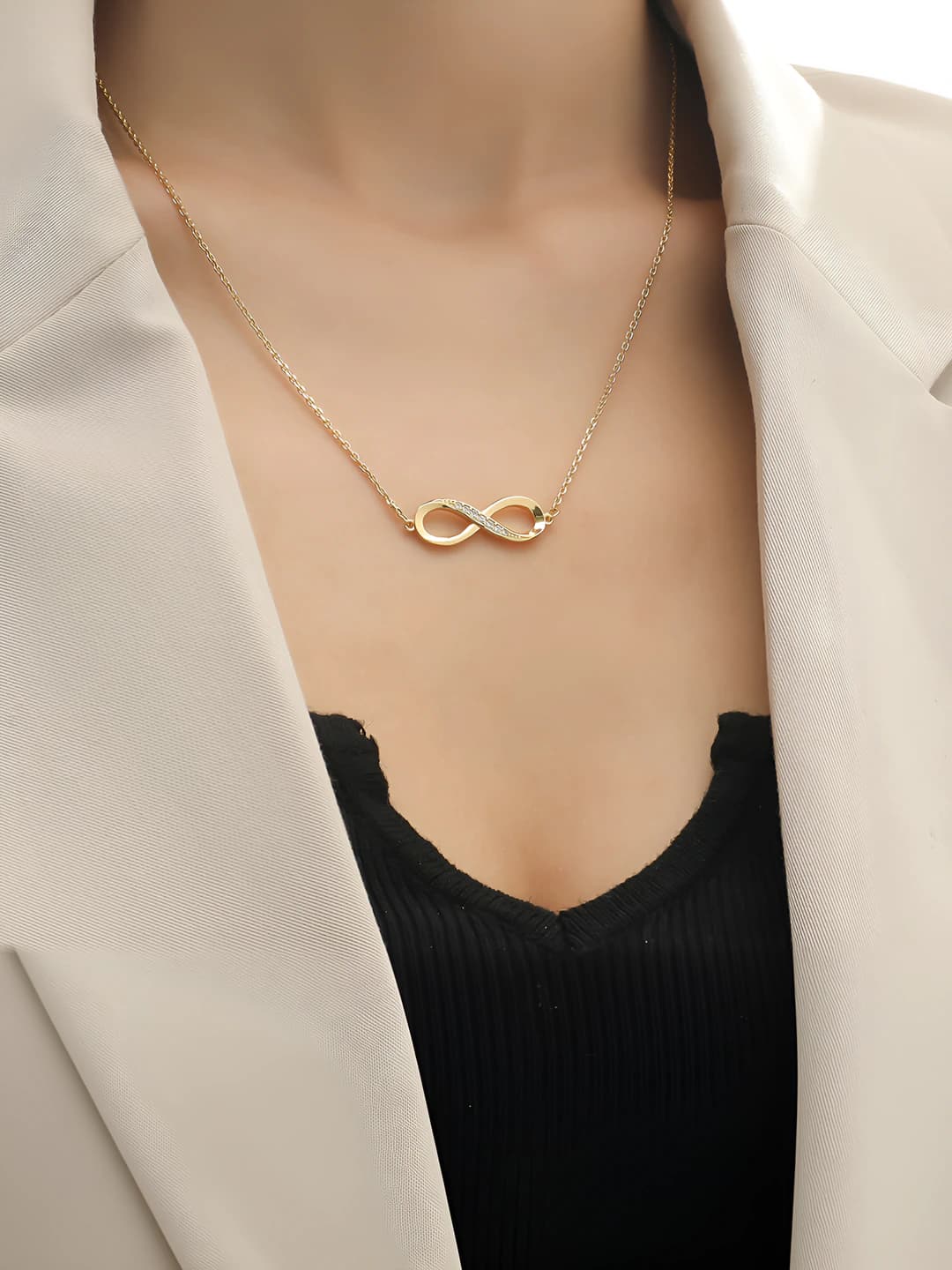 Ayollar uchun cheksizlik belgisi kulonli zanjir, 14K oltin qoplamali, mikro qo'shilgan zirkon, O-shakl zanjir, 41-50 sm