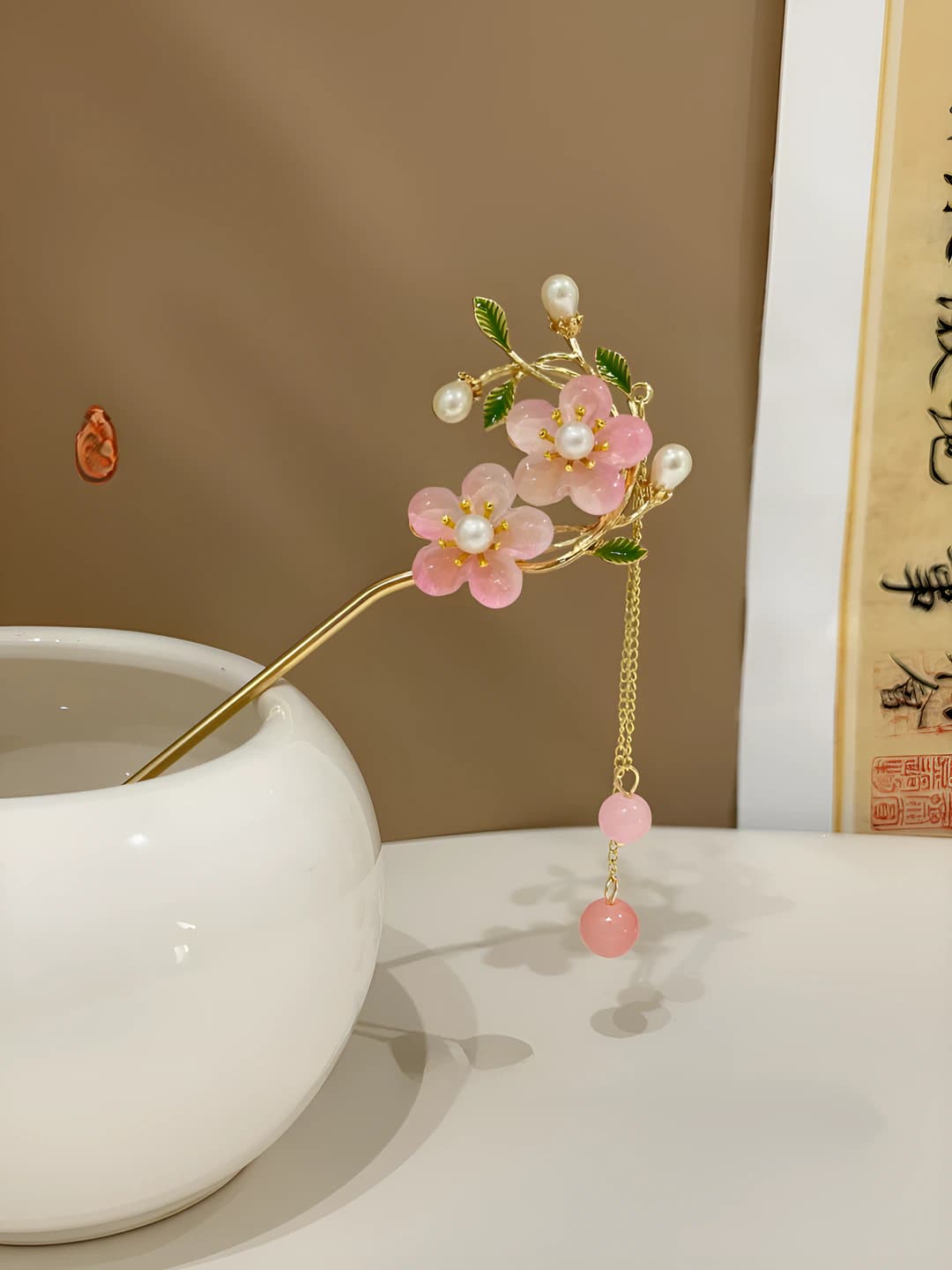 20# Pink double flower pink pearl tassel hairpin - Gold (in bag)