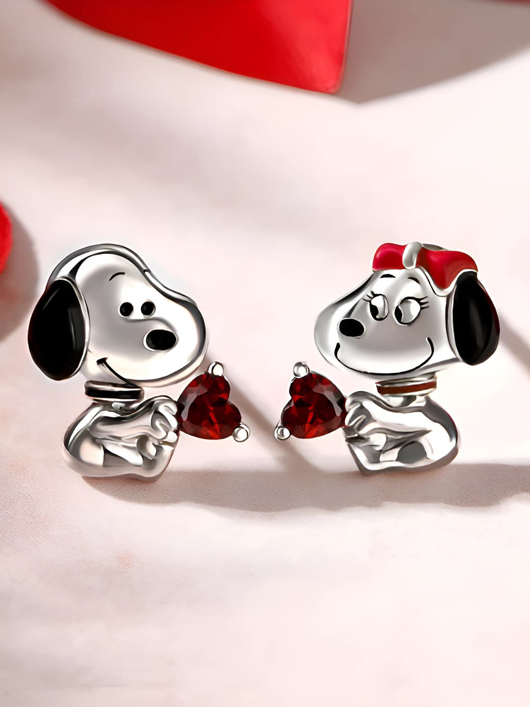 Women's cute dog and heart shaped stud earrings, copper and zircon, for Valentine's Day