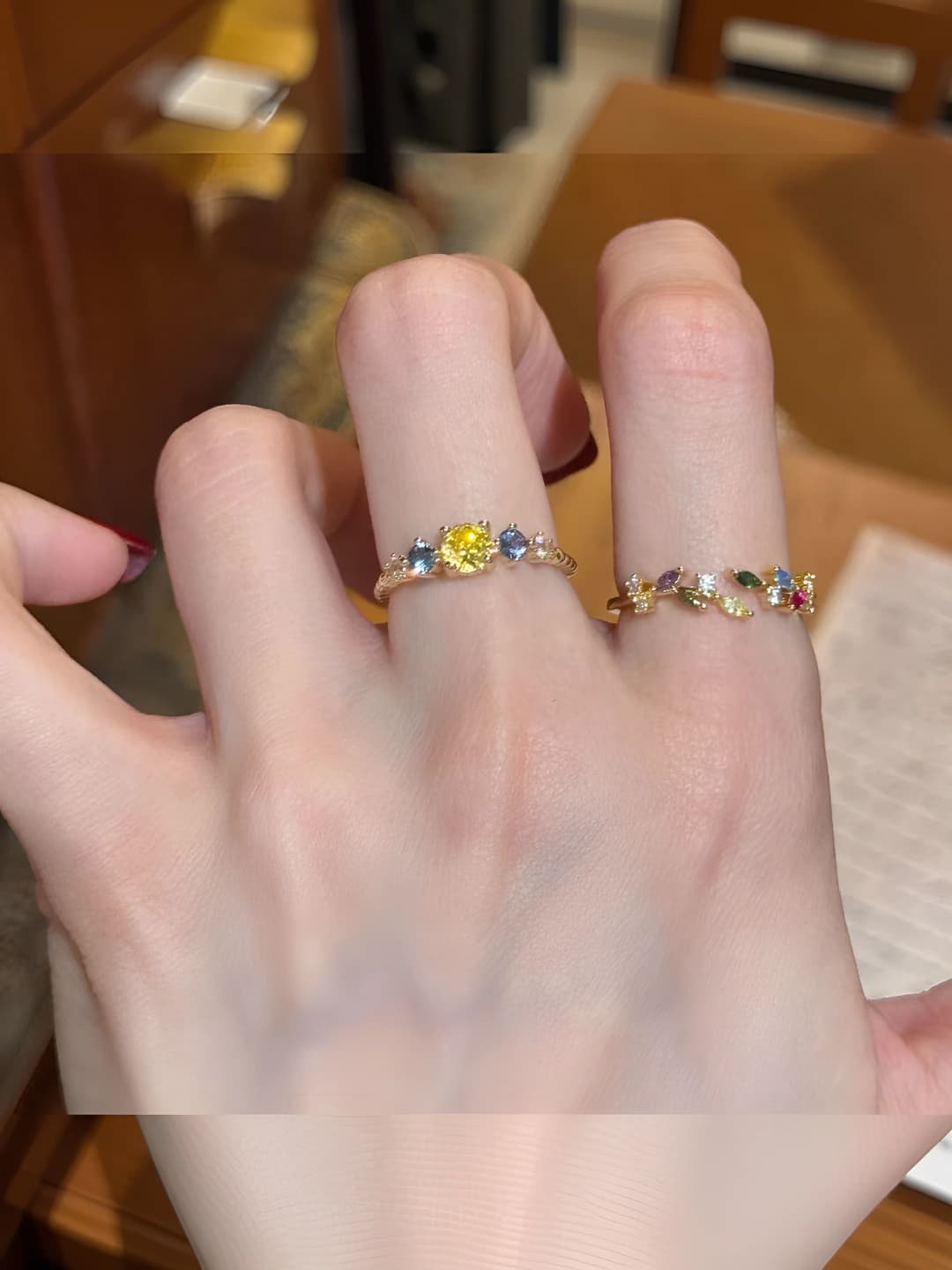 Women's ring with zircon in wheat shape, plant design element, light luxury style