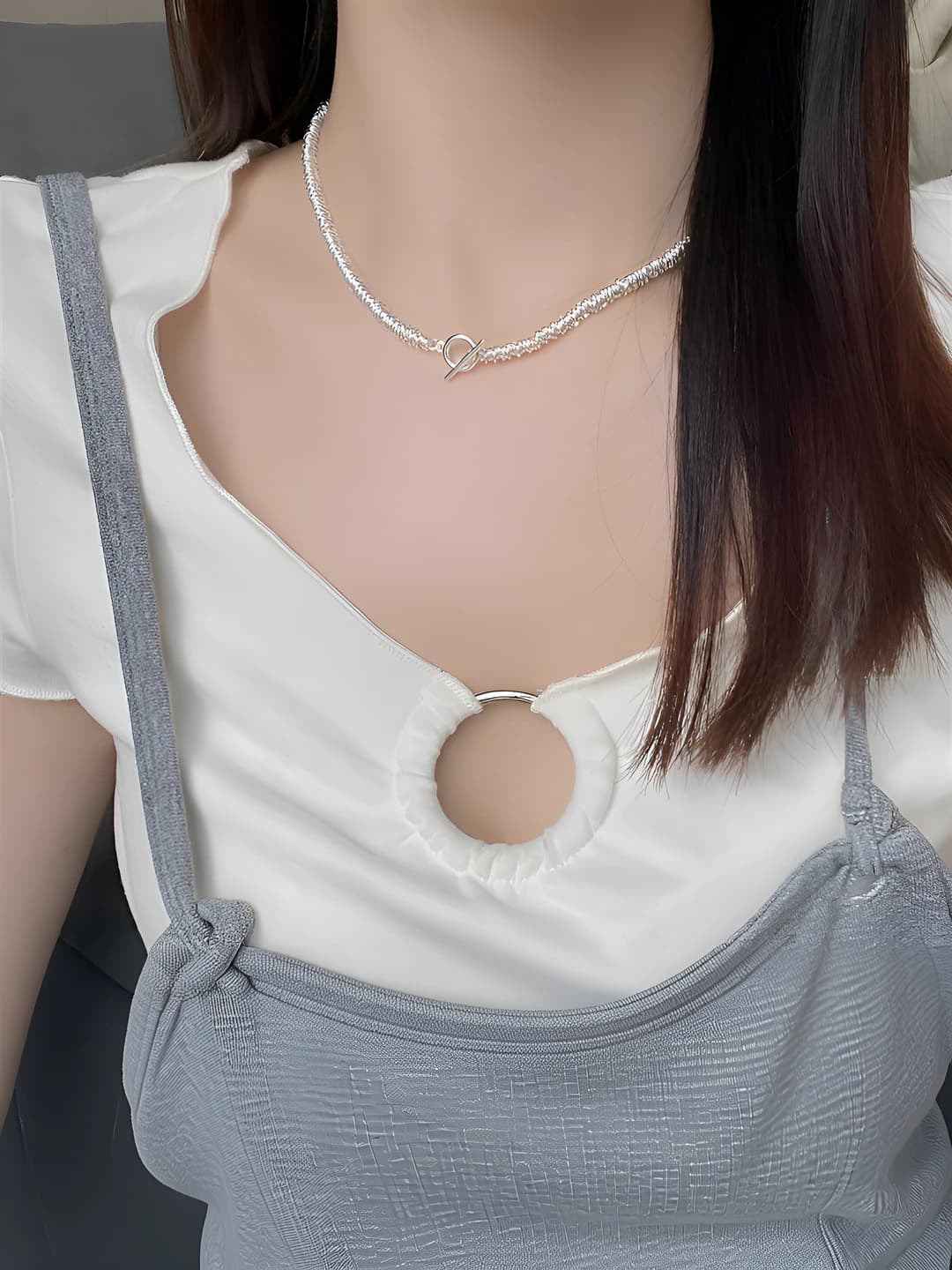 Women's OT clasp ring link necklace: geometric design element, individual style, 41-50 cm