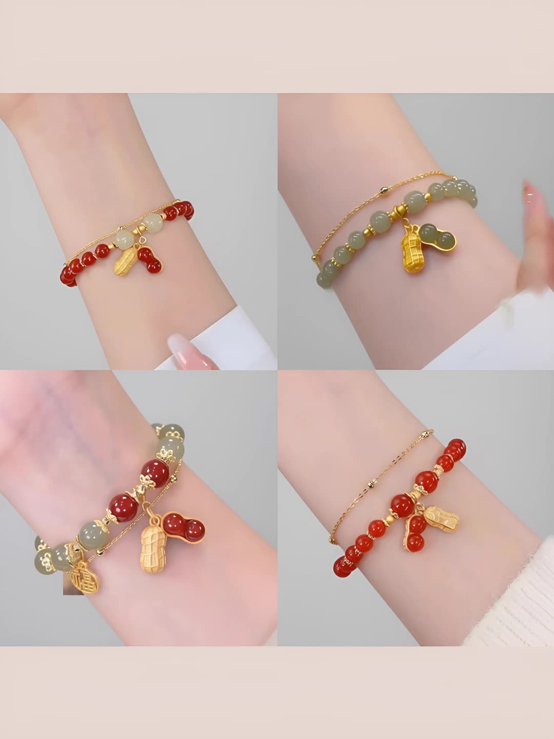 Women's beaded bracelet with gold-plated peanut and fortune charms