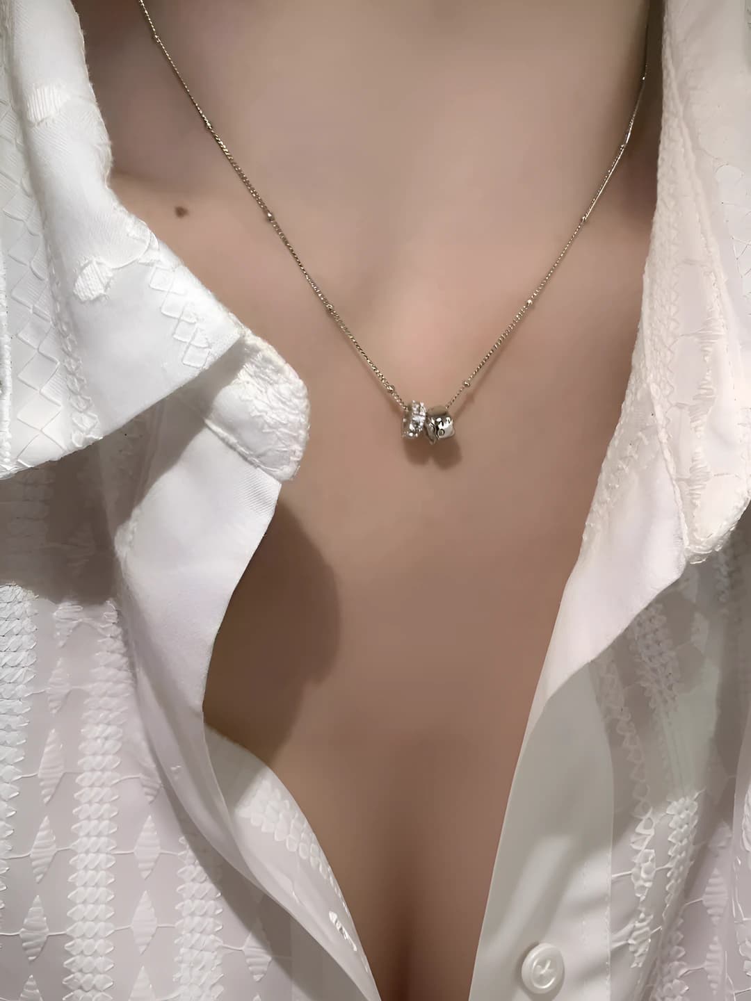 Women's zircon double circle pendant necklace: copper, electroplated, geometric design, clavicle chain, 41-50 cm