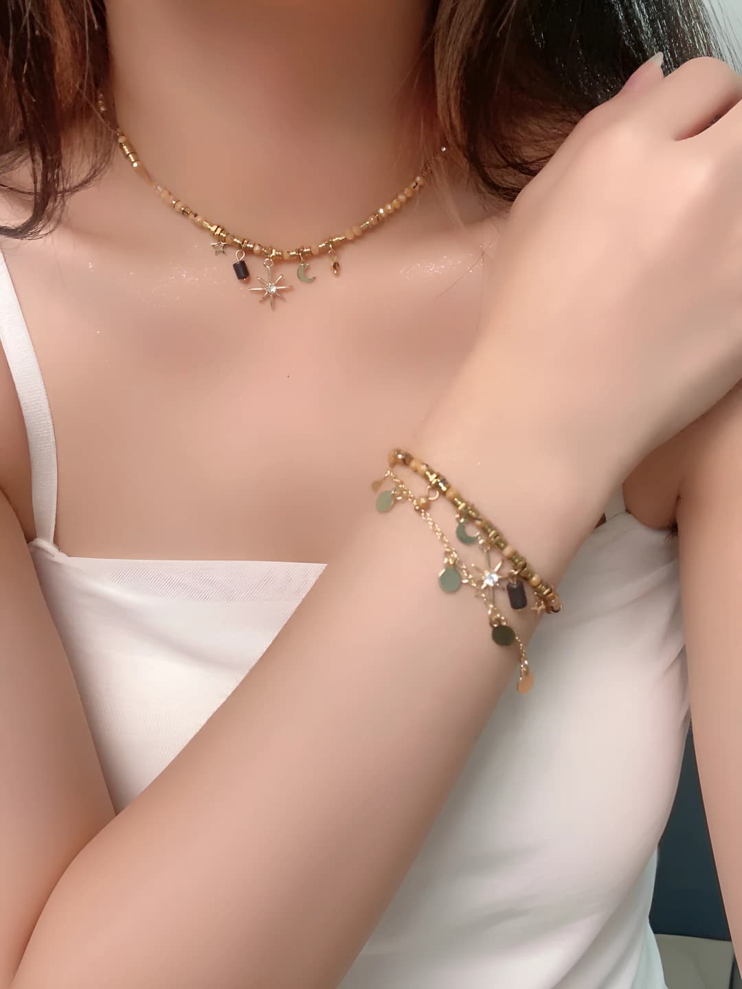 Women's jewelry set with natural stone beads and star/moon alloy charms: retro style bracelet and necklace