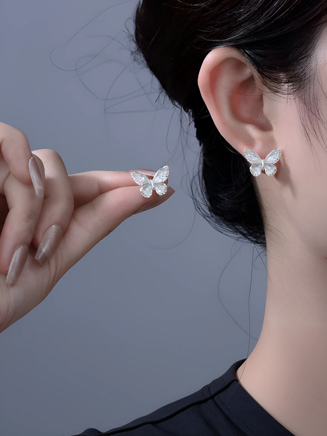 Women's green butterfly earrings with micro-pavé, copper and 925 silver post, minimalist style