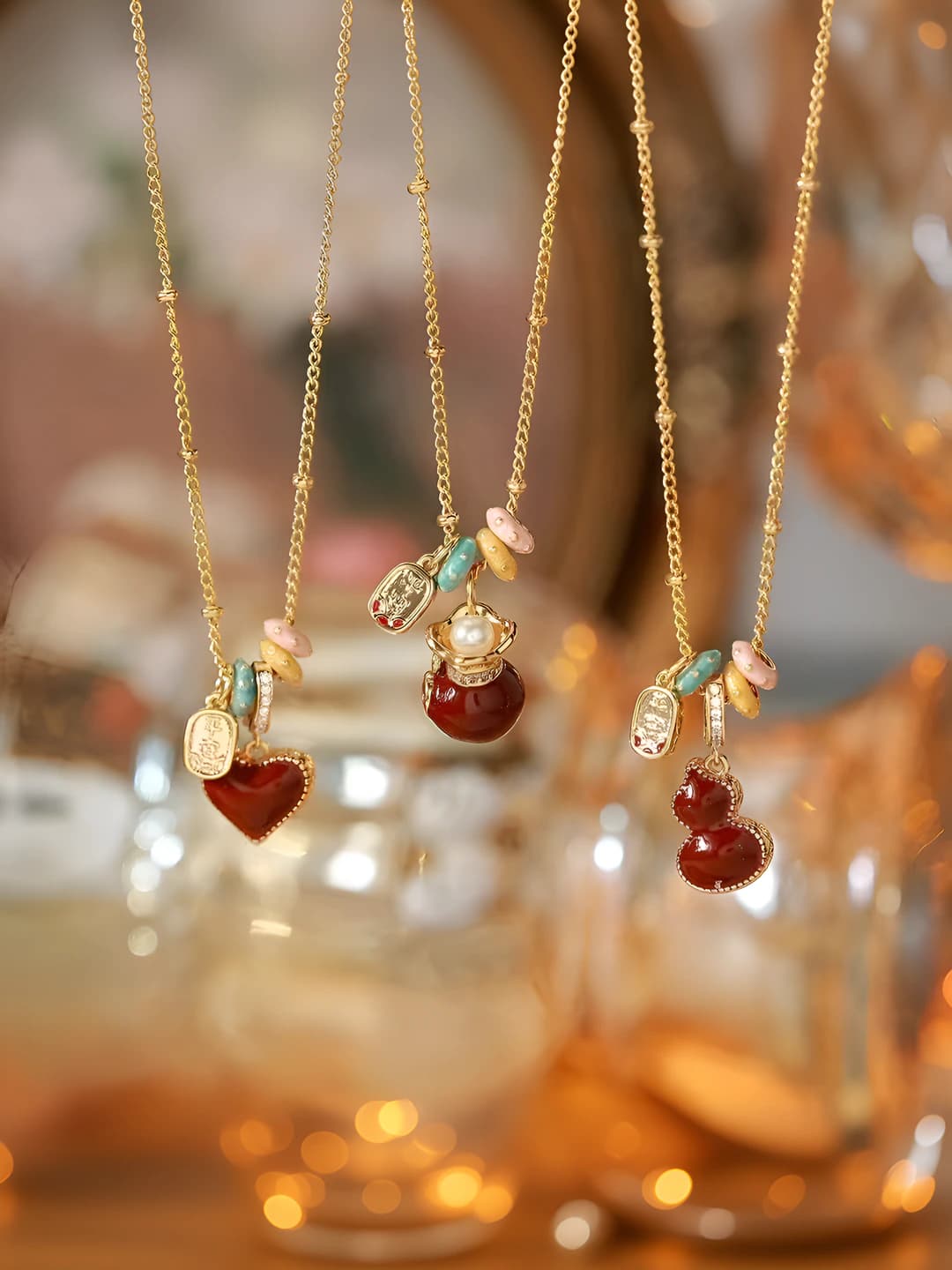 Women's red double-sided enamel drop necklace, chain, Chinese style, safety tag, festive atmosphere, sweater chain