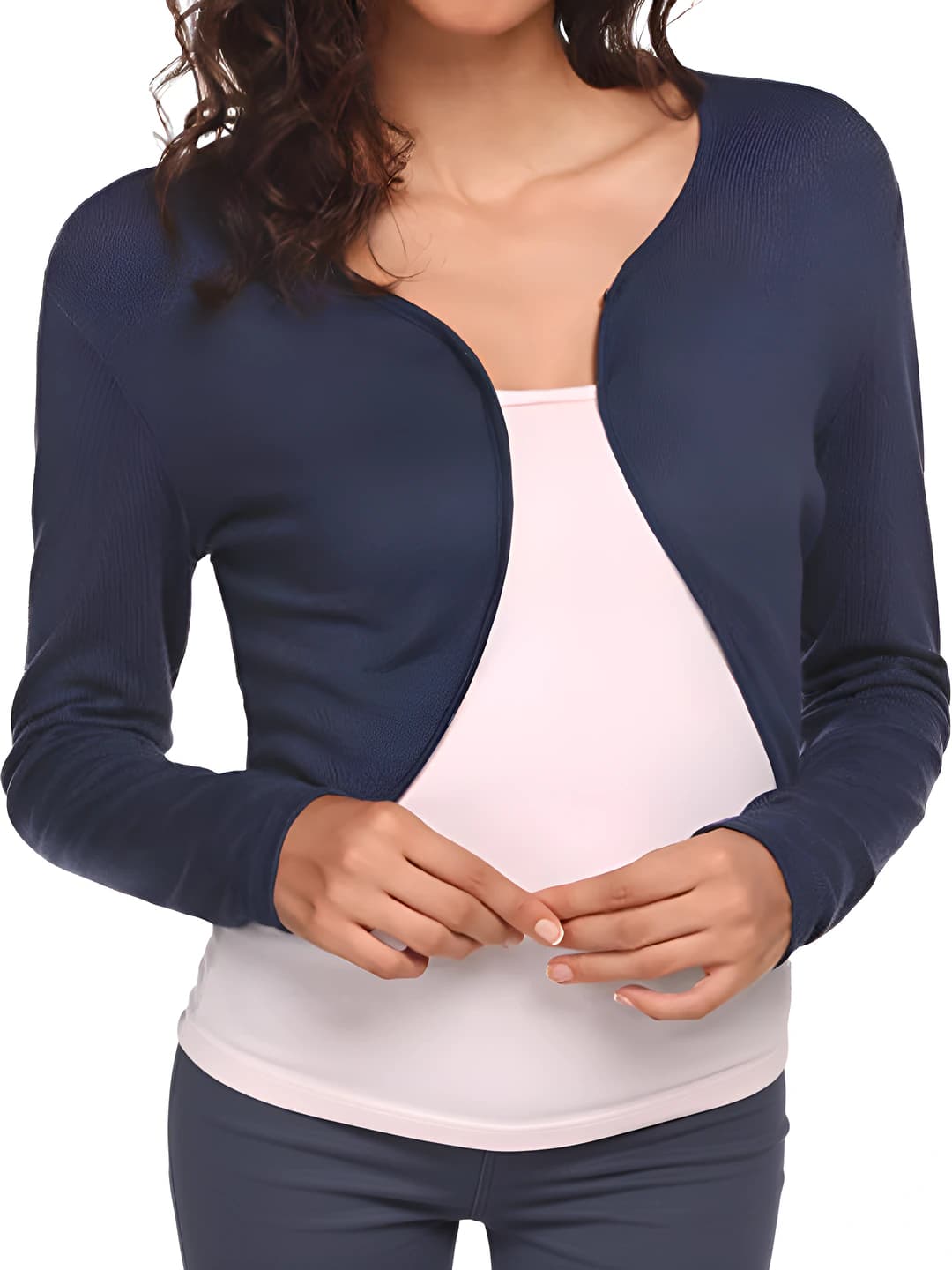 Women's solid colour loose fit cropped cardigan, crew neck, long sleeve, cotton blend, street style