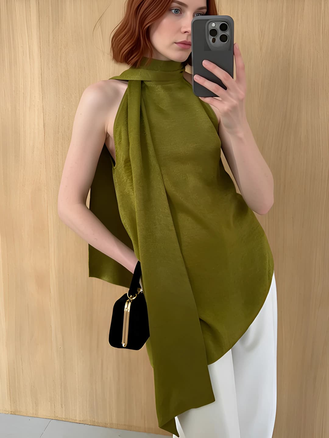 Ayollar uchun bogʻichli satin top, V-yoqa, kalta yeng, tanaga yopishgan, bir rangli, o'rta-uzun, asimmetrik
