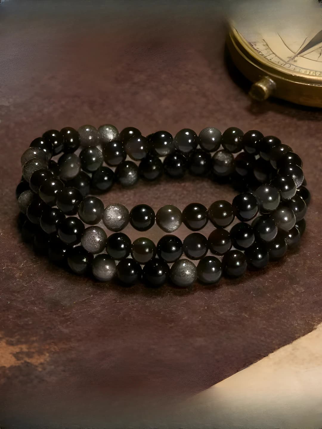Beaded bracelet for men and women, black obsidian, geometric shape, water wave design element, natural style