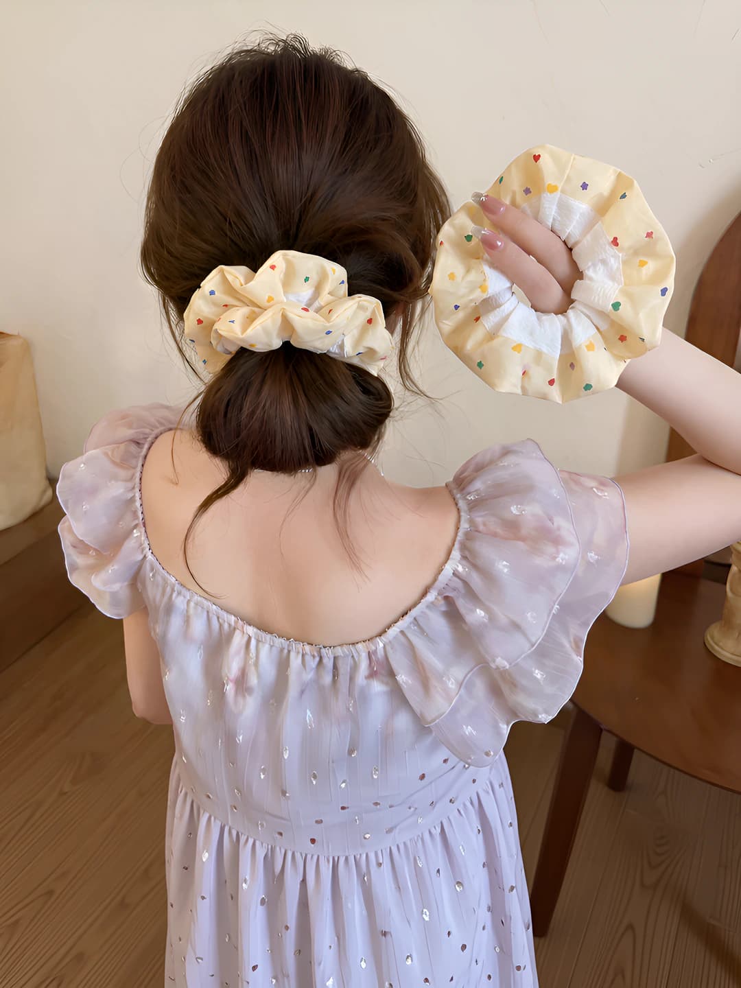 Women's Korean style yellow star polka dot stretch hair scrunchie