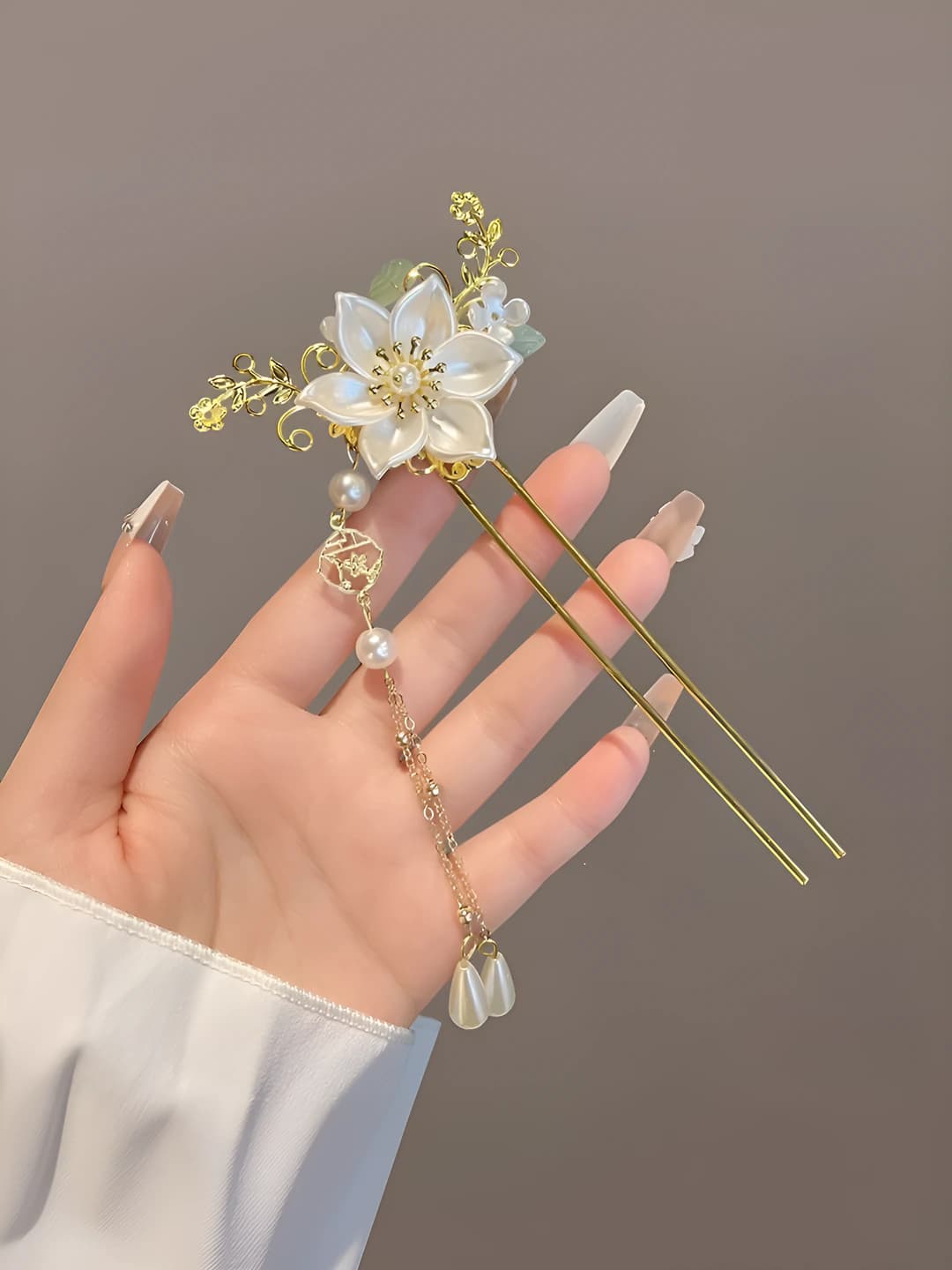 13# White lotus pearl flower gold hairpin tassel (bagged)