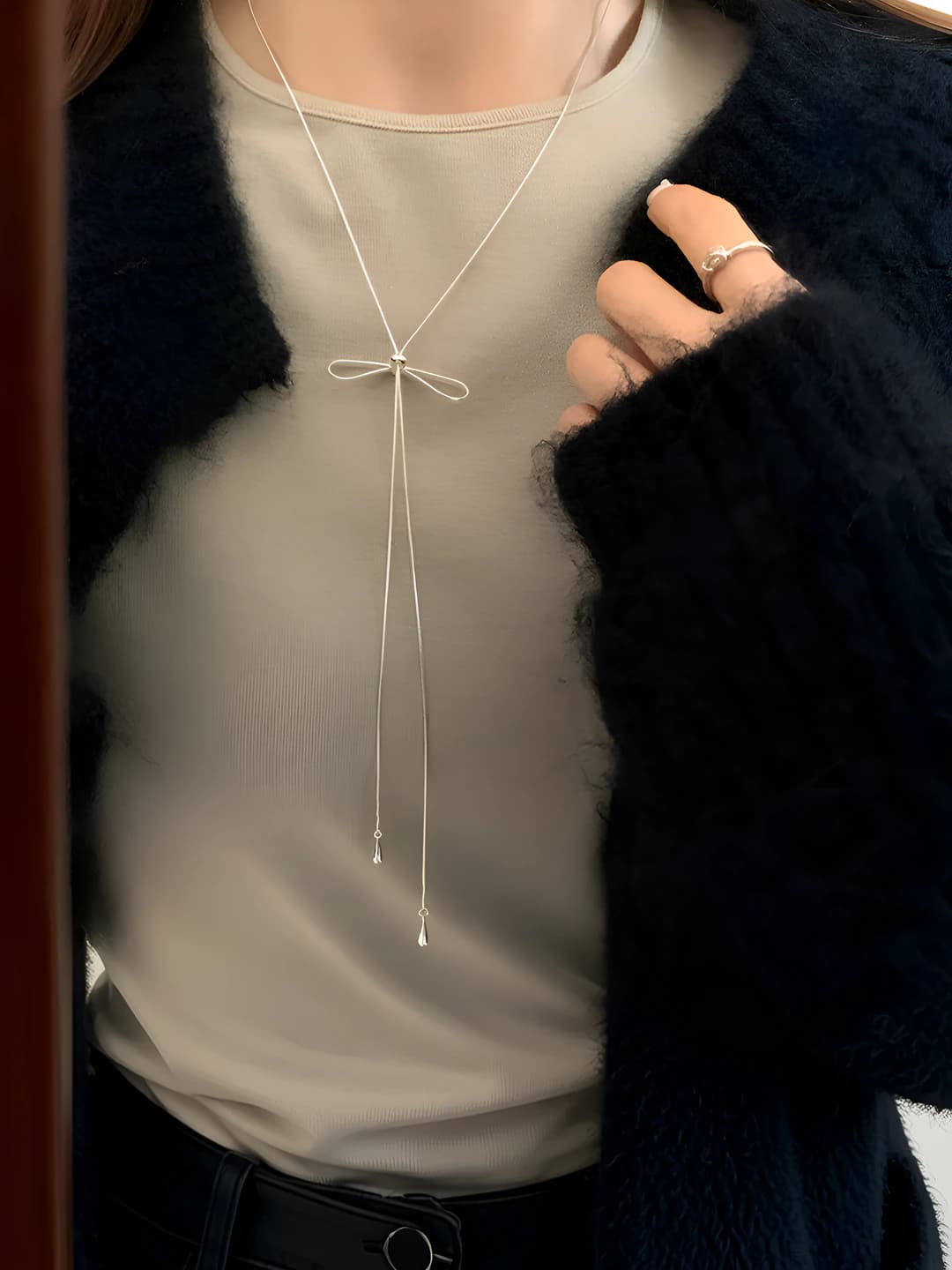 Women's long bow knot necklace: metal, electroplating, butterfly bow, snake bone chain, 71-80 cm