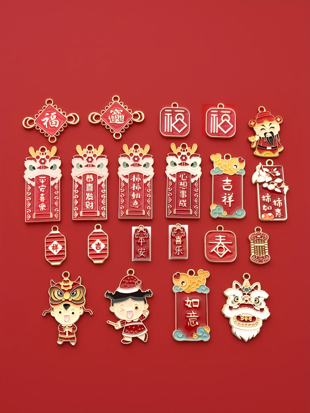 DIY alloy charms for New Year: Chinese style god of wealth, lion, lettering and enamel
