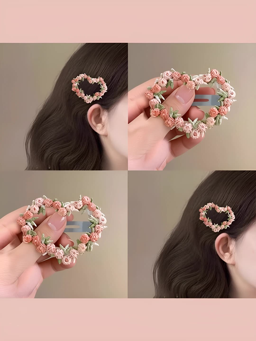 Women's floral heart-shaped hair clips, pink, 2026, handmade