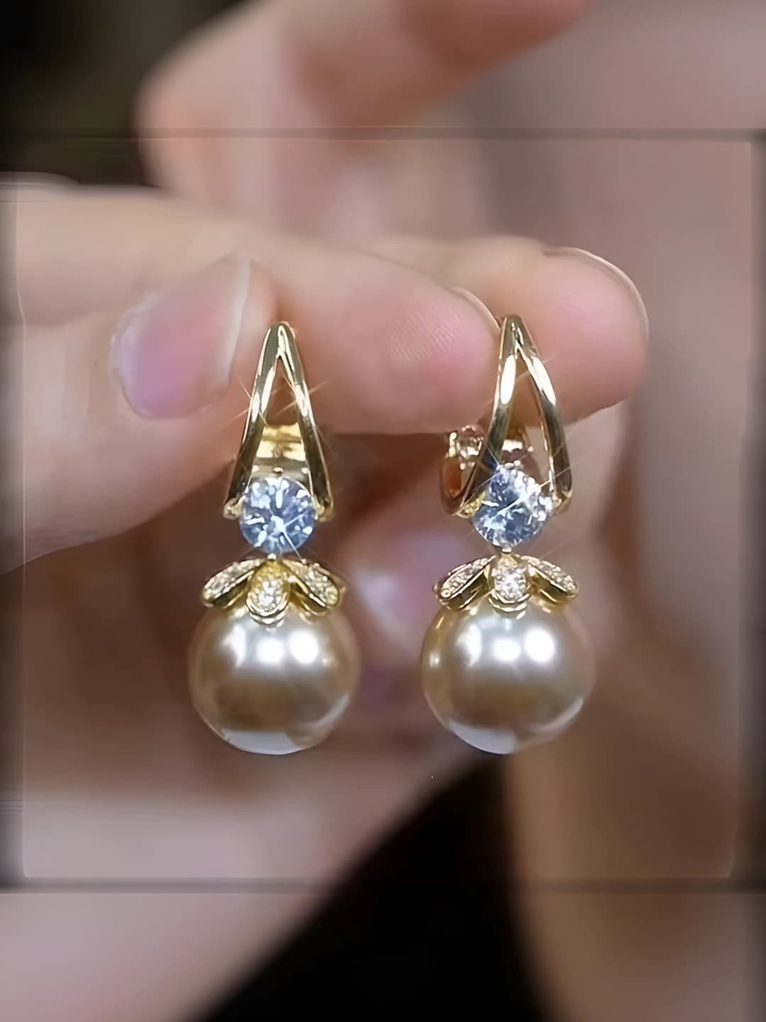 4# Diamond champagne faux pearl alloy earrings
