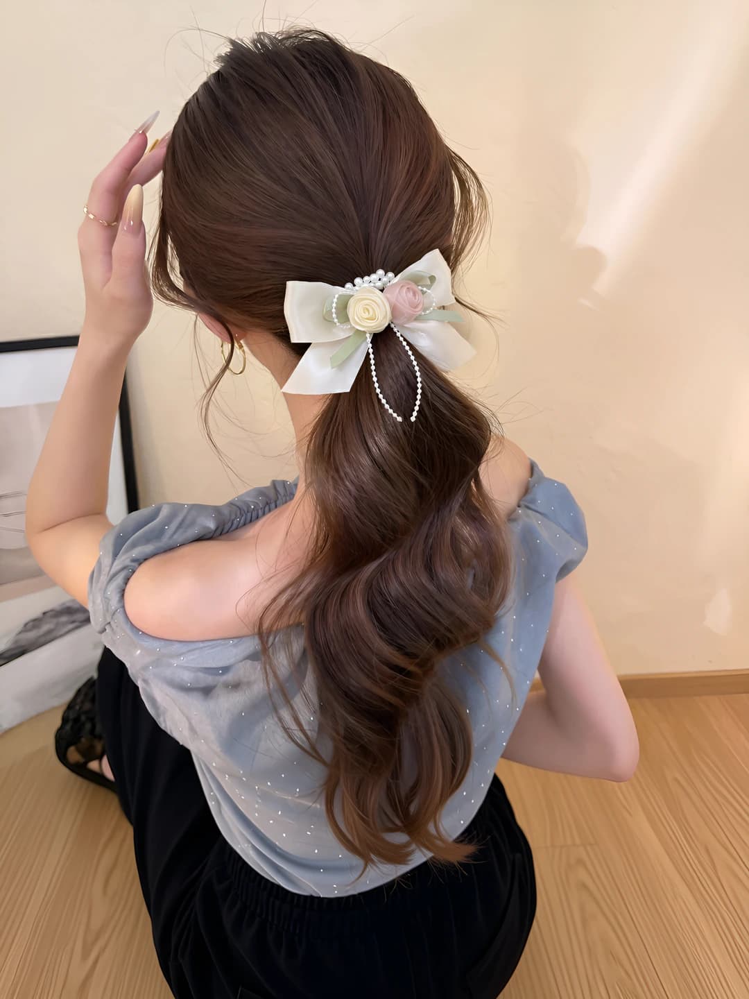 Pink-white floral hair tie